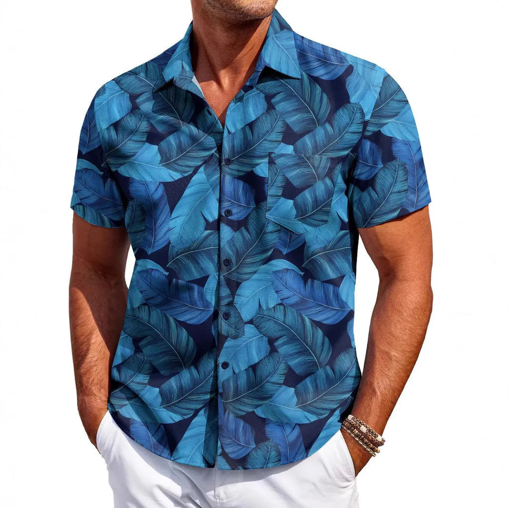 Men's slim-fit Hawaiian shirt cardigan in elastic polyester fabric with short sleeves
