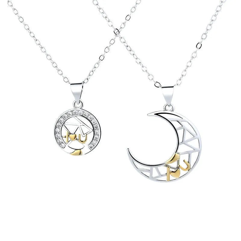 Sun and moon couple necklace with electroplated copper pendants on cross chain