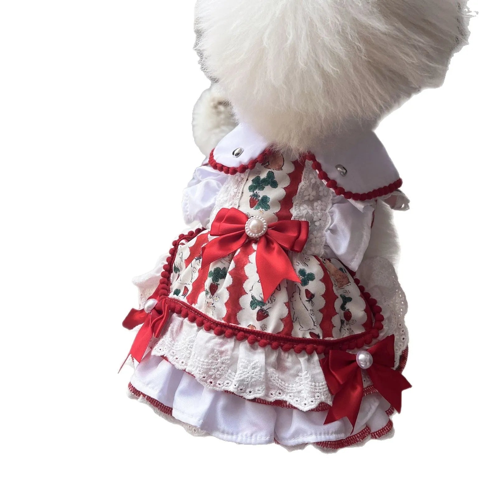 Small dog wearing princess-style rabbit skirt costume in polyester fabric