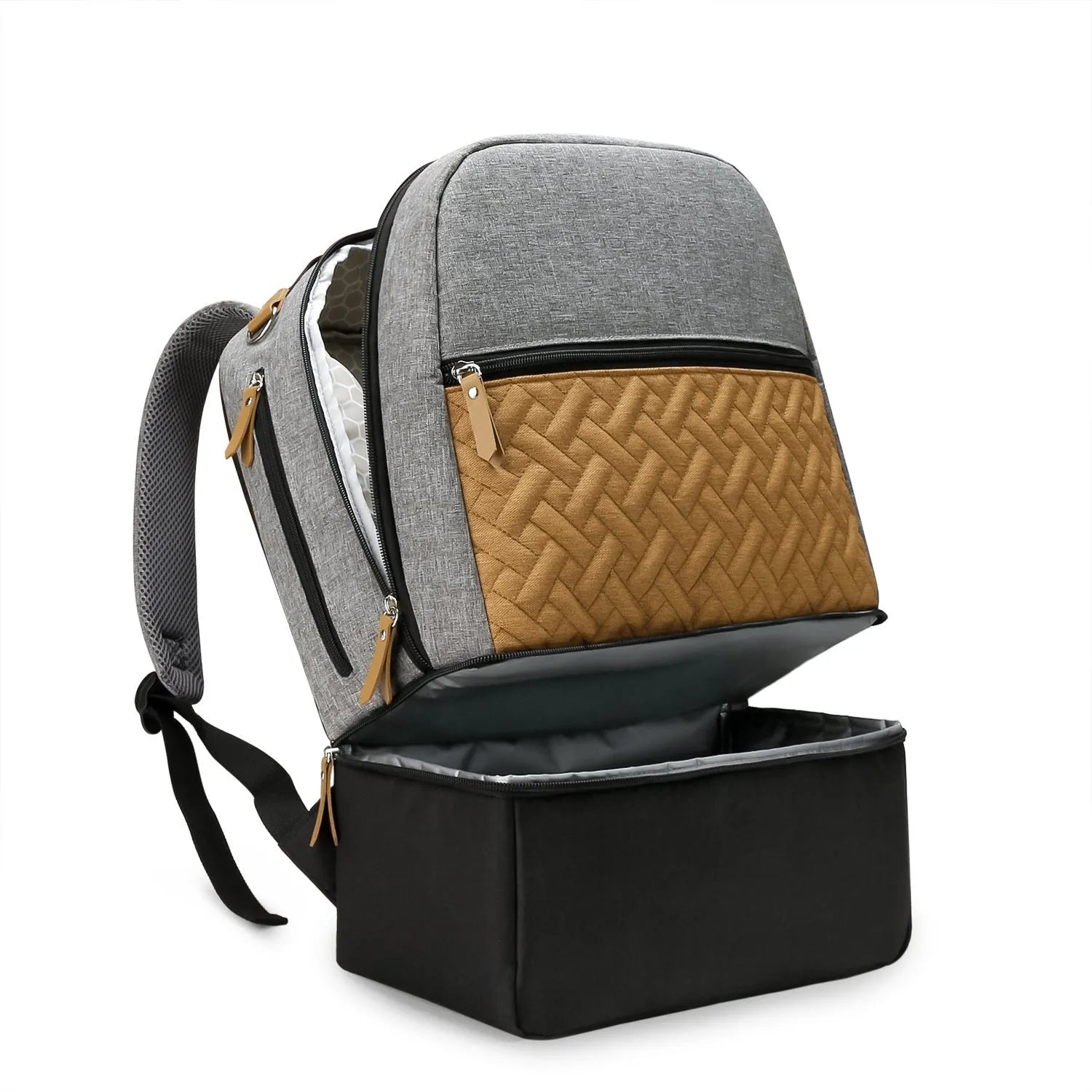 Grey insulated mother and child travel backpack with curved shoulder straps showing organisational compartments