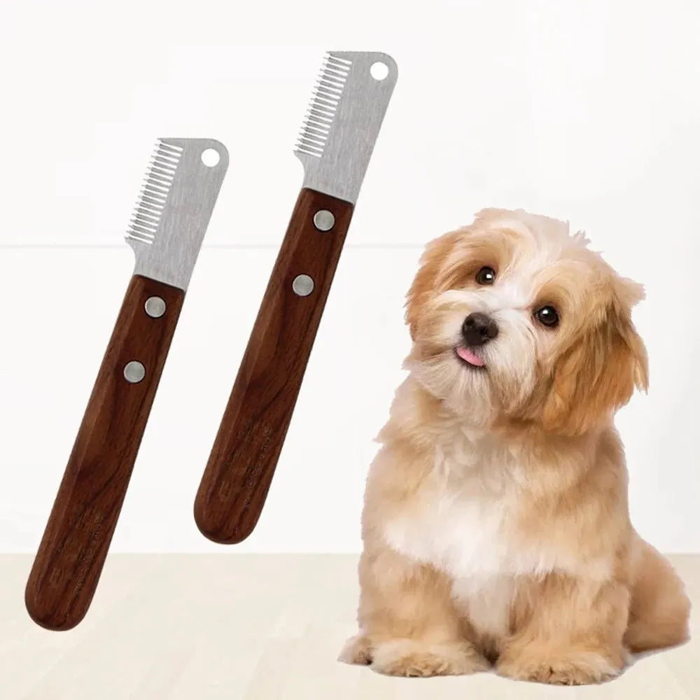 Wooden dog hair removal knife grooming tool on surface with wooden handle