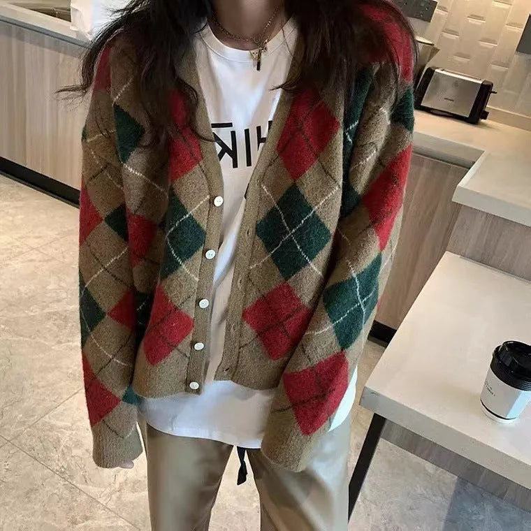 Casual knitted cardigan coat in a selection of colours including pink, green, and khaki, shown on a model.
