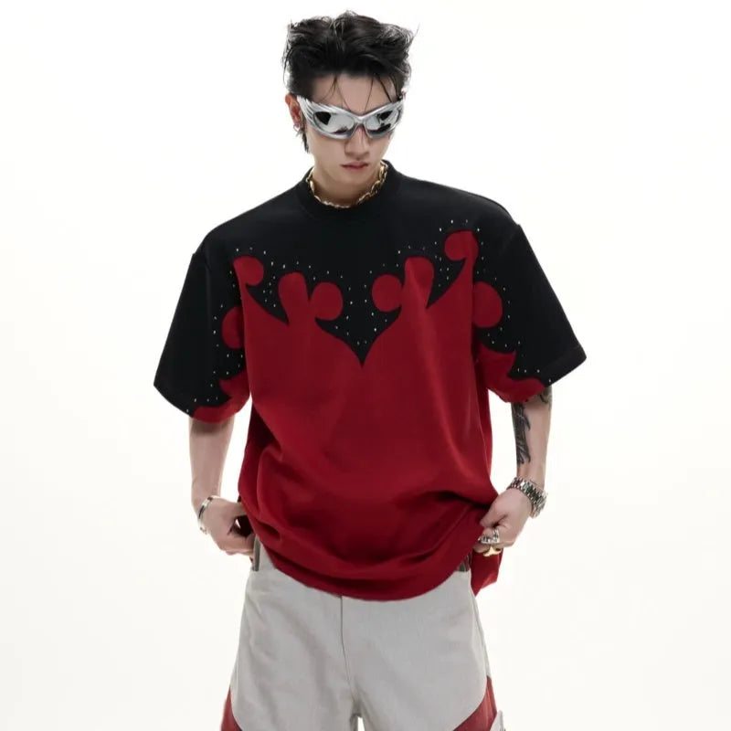 Men's grey cotton T-shirt with 3D burnt flower stitching and rhinestone decoration on chest