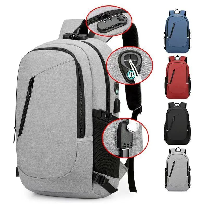 Grey Oxford cloth computer backpack showing front compartment and shoulder straps