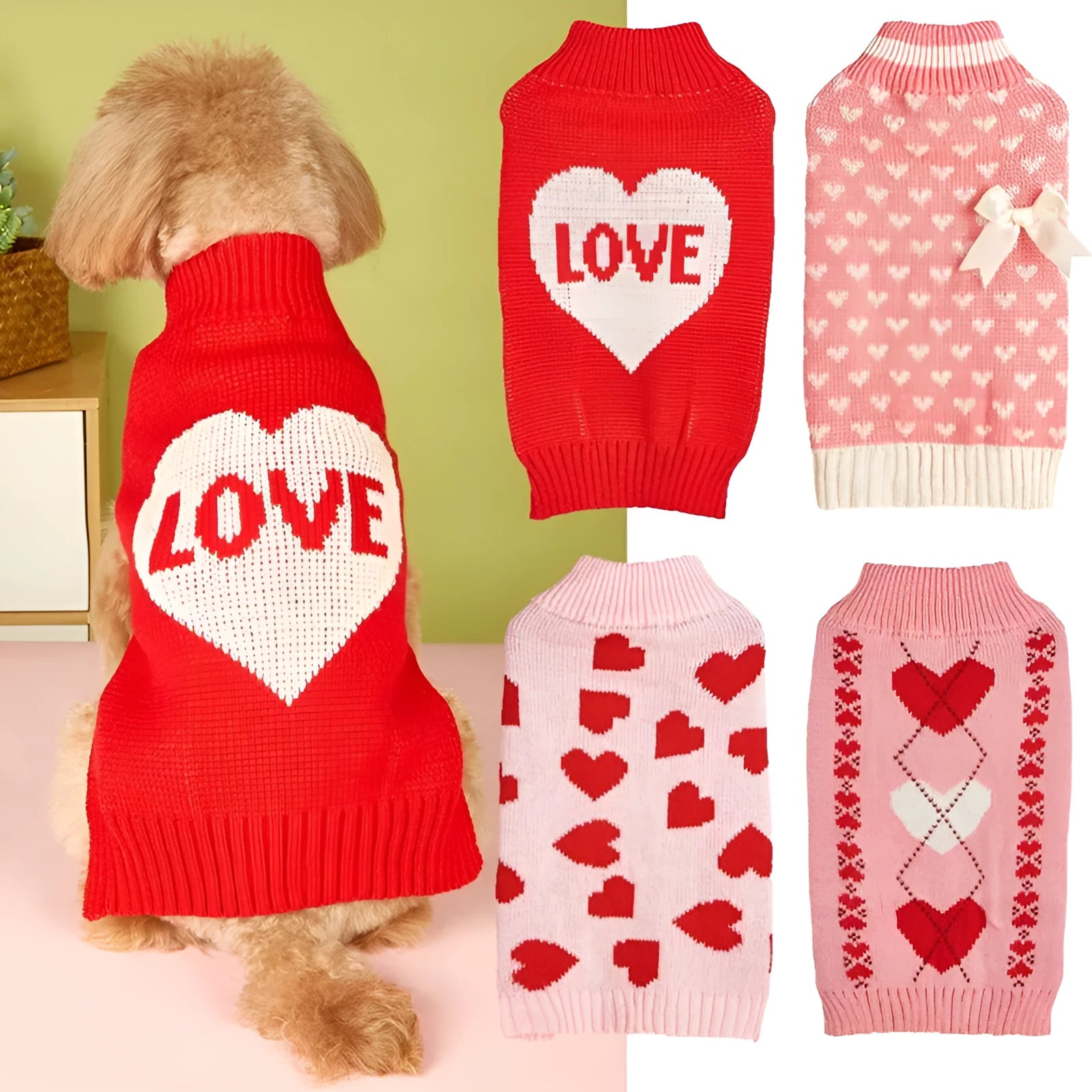 Fashion dog sweater with heart and bow design in acrylic knit fabric