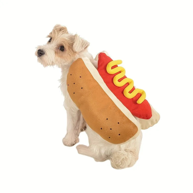 Brown and beige stuffed hot dog dog costume outfit on small dog for winter clothing and party cosplay