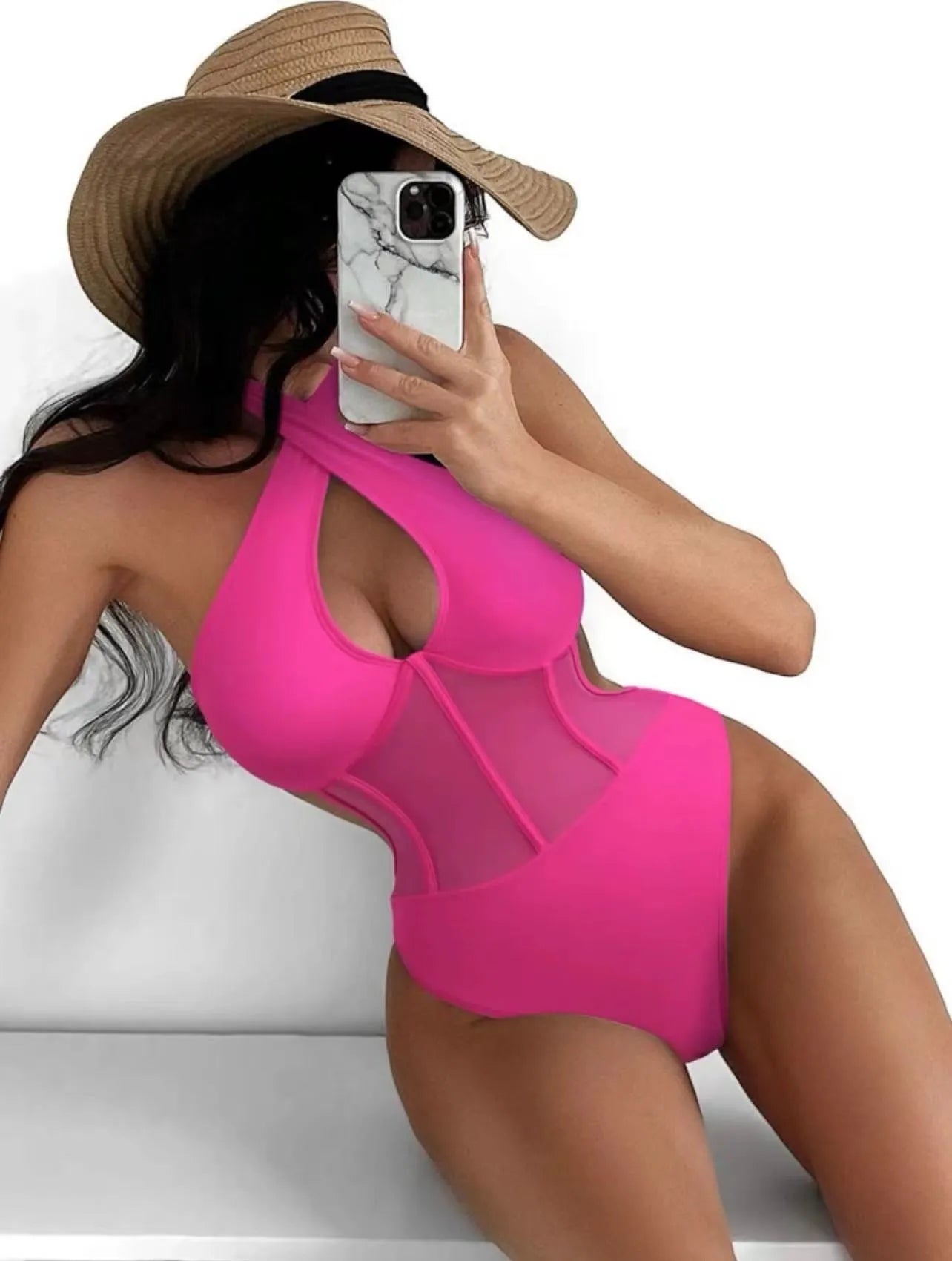 Ladies one-piece swimsuit bikini in spun yarn fabric shown in black, rose red, and green colours.