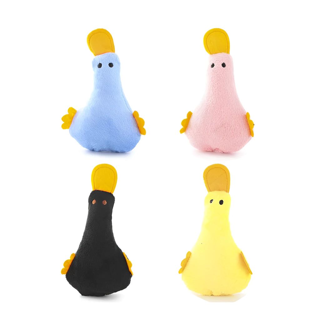 Duck plush pet toy with catnip filling and squeak sound feature in assorted colours