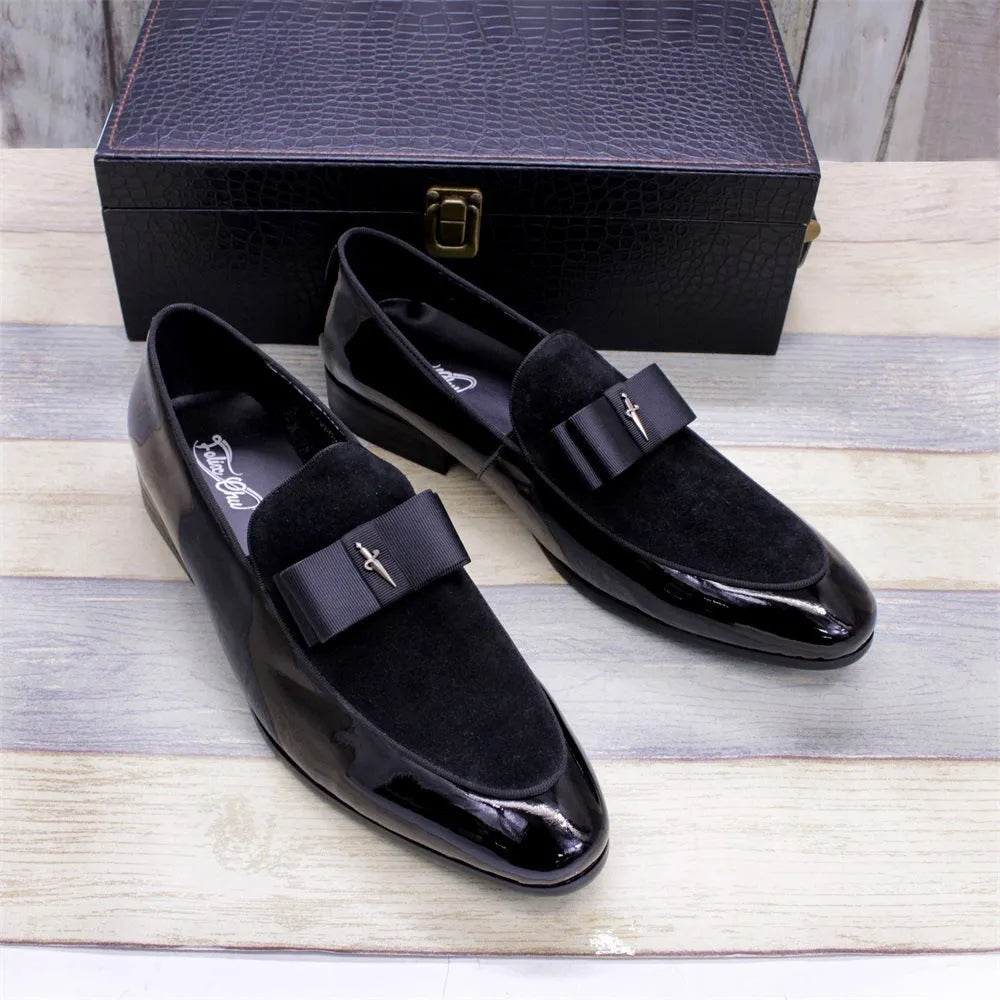 Men's low-top patent leather shoes with tassel detail in black, blue, brown, or red colours.