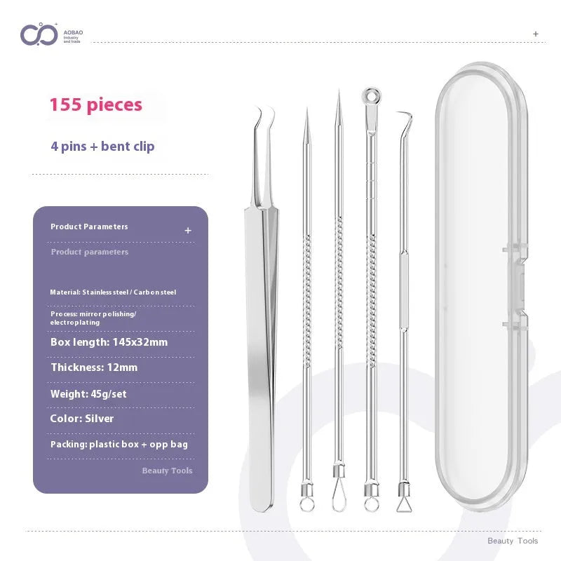 Four silver metal acne needles with pointed tips laid out on a surface.