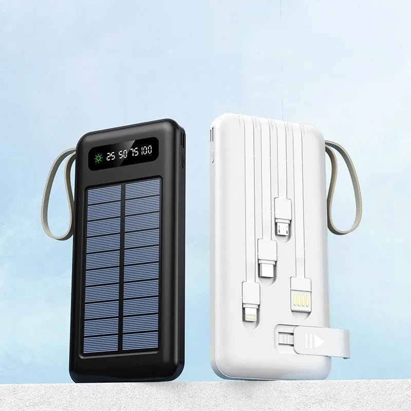 Cool black and ivory white solar power bank showing front display and solar panel surface.