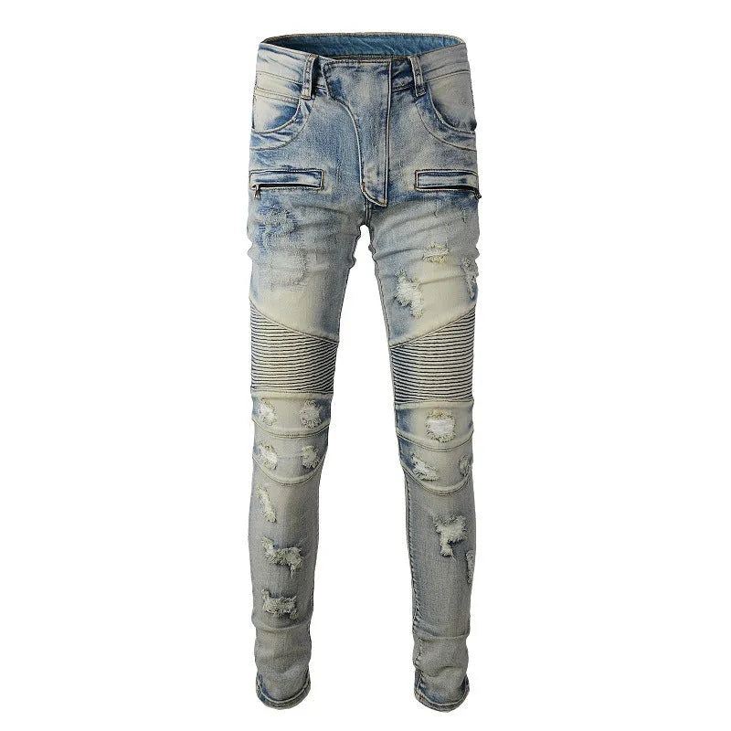 Light blue men's slim fit distressed jeans with hand-frayed detailing on the knees and hem.