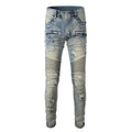Light blue men's slim fit distressed jeans with hand-frayed detailing on the knees and hem.