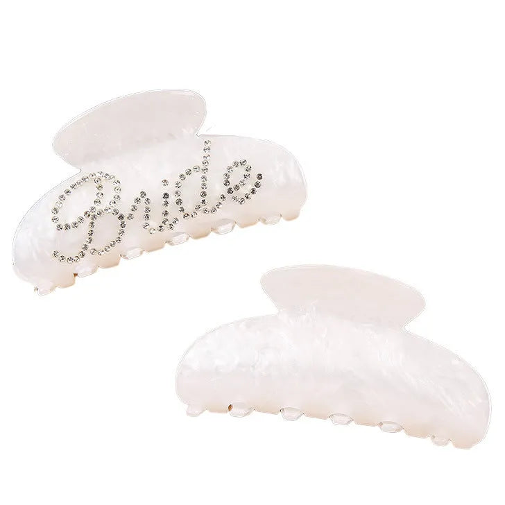 Pink acrylic hair claw clip with diamond pattern and English letters decoration, 10cm size