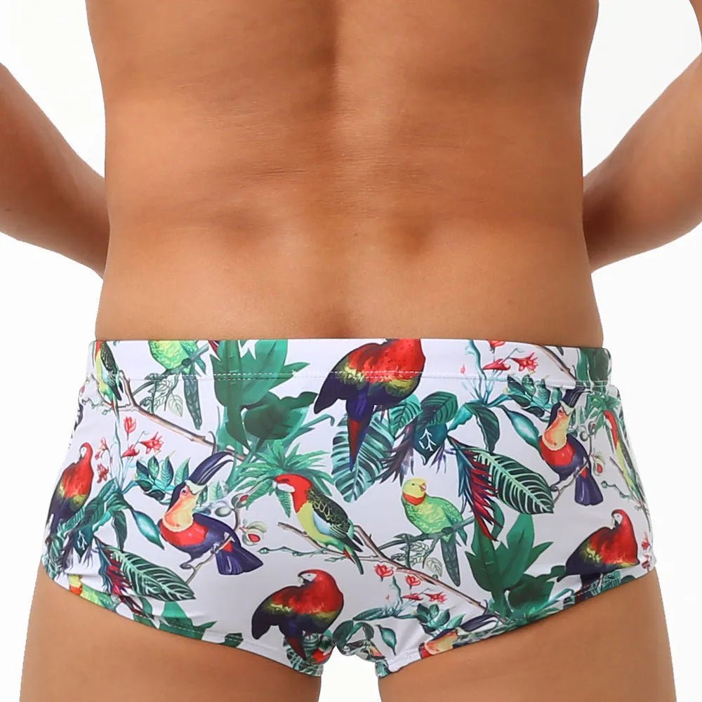 Men's flower and bird print swimming trunks in nylon boxer brief style