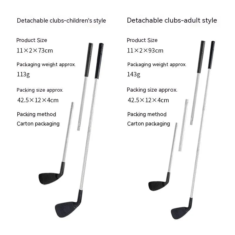 Metal golf club set showing adult and children's sized clubs for outdoor sports practice