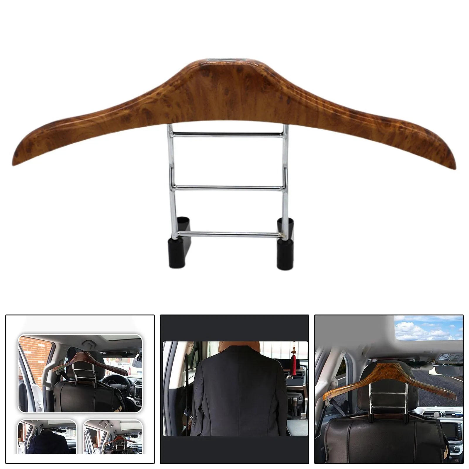 Wood yellow stainless steel car clothes hanger for suits and shirts, showing detachable design.