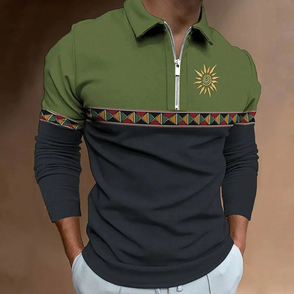 Men's loose fit long sleeve t-shirt with retro colour printing and striped pattern