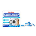 Pack of 12 washing machine cleaning tablets on a white background.