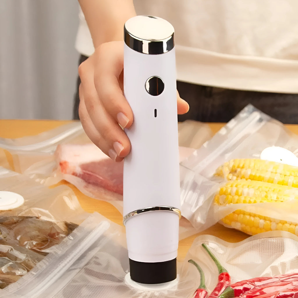 White USB electric suction pump and five 26x28 cm clear plastic vacuum bags for food storage
