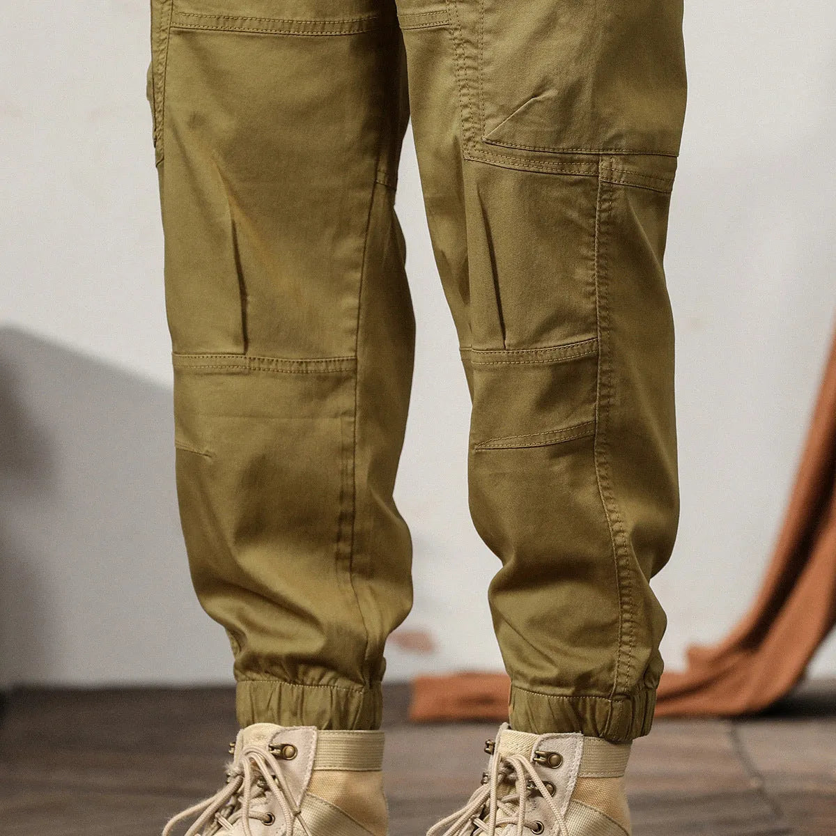 Men's cotton tapered harem pants with ankle banding in black, coffee, khaki or peacock green