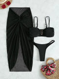 Women's multicolour three-piece bikini set with long culotte skirt for swimming sports