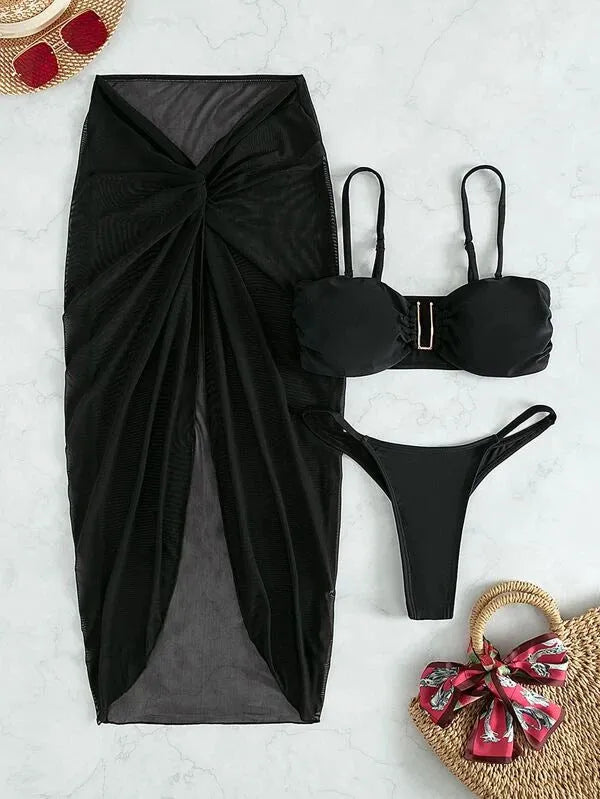 Women's multicolour three-piece bikini set with long culotte skirt for swimming sports