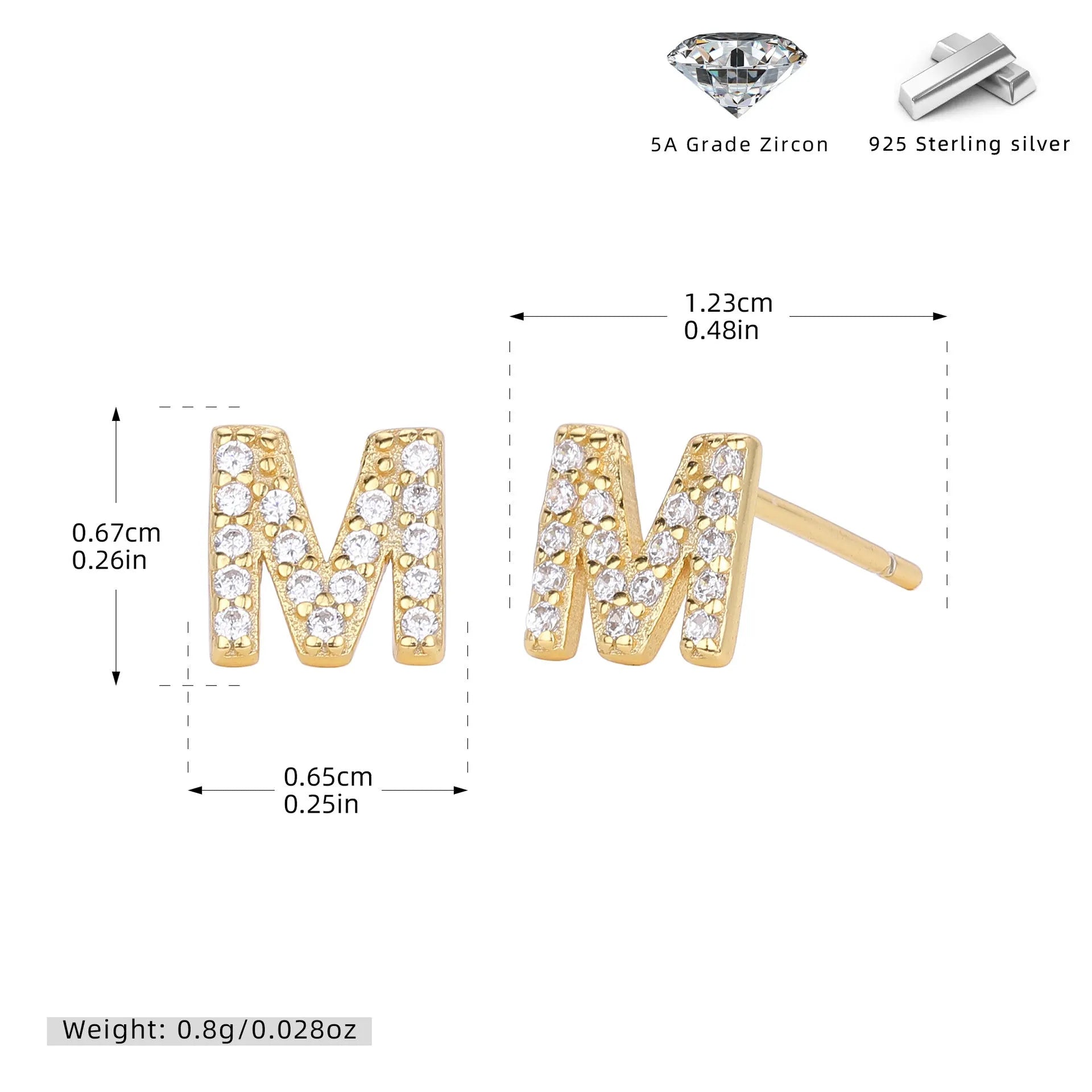 925 silver letter ear stud with electroplated gold finish, alphabet motif