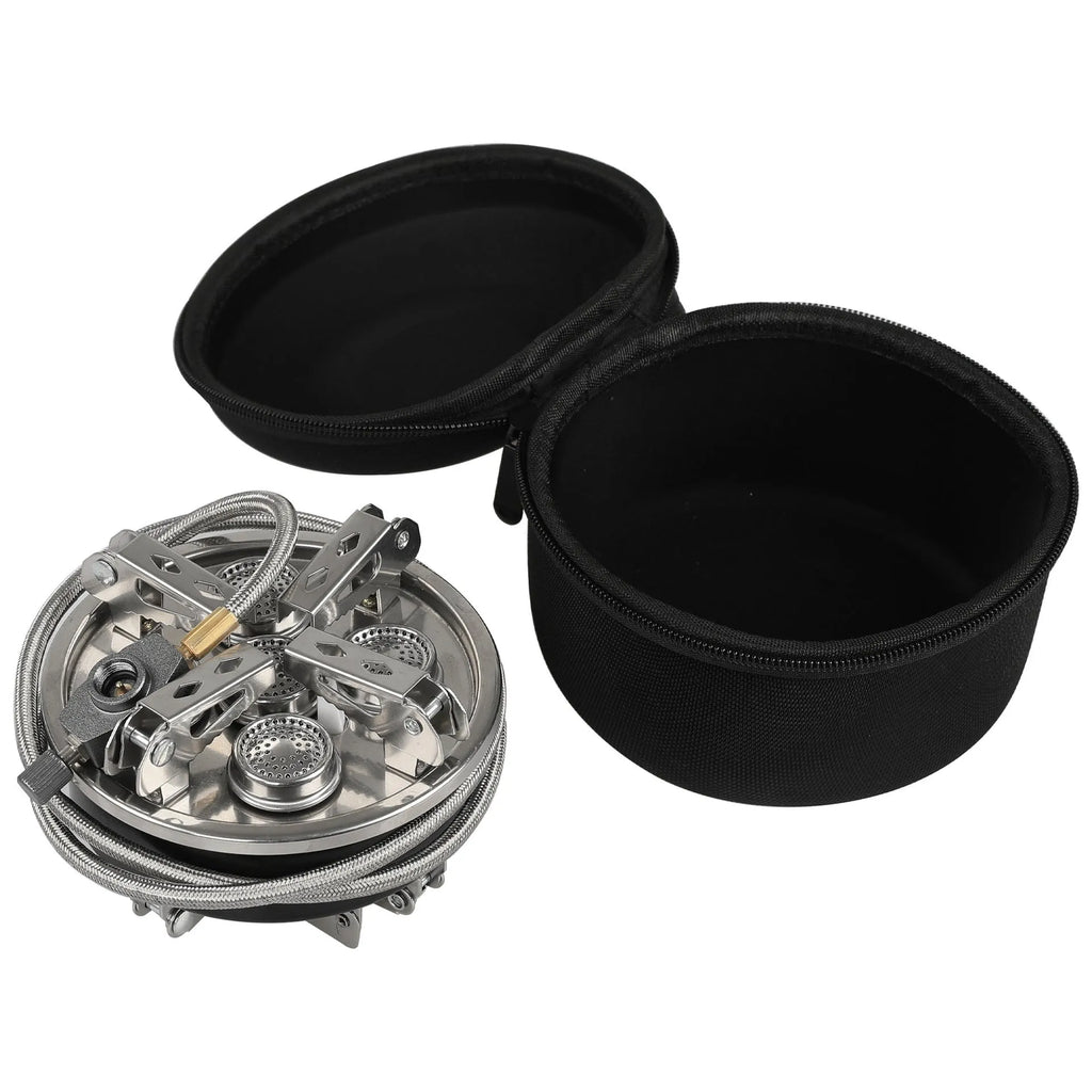 Silver stainless steel portable split camping stove with 100cm hose, folded to 155x125mm