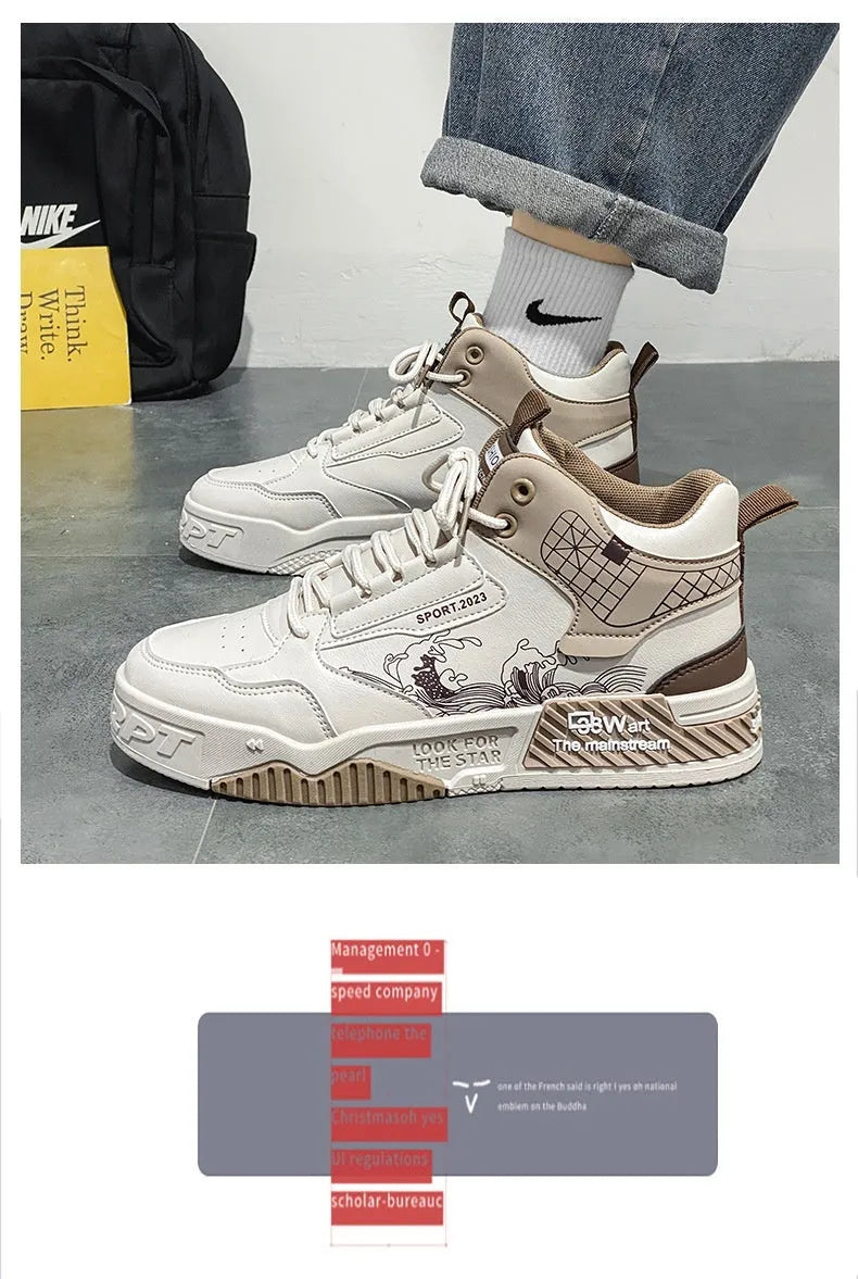 Men's high-top casual board shoes in beige, white, and blue colour options showing lace-up design