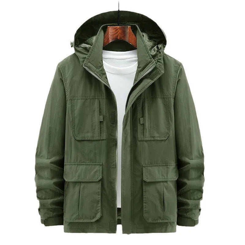 Men's casual outdoor shell jacket in solid colour, lightweight nylon, available in Army Green, Black, Khaki sizes M to 5XL