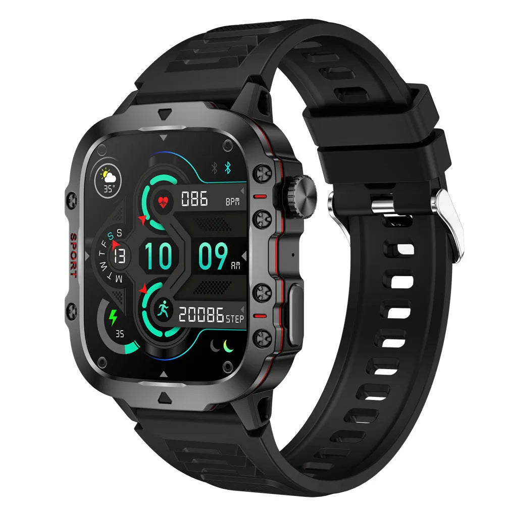 QX11 smartwatch with black zinc alloy case and TFT touch screen displaying heart rate data.