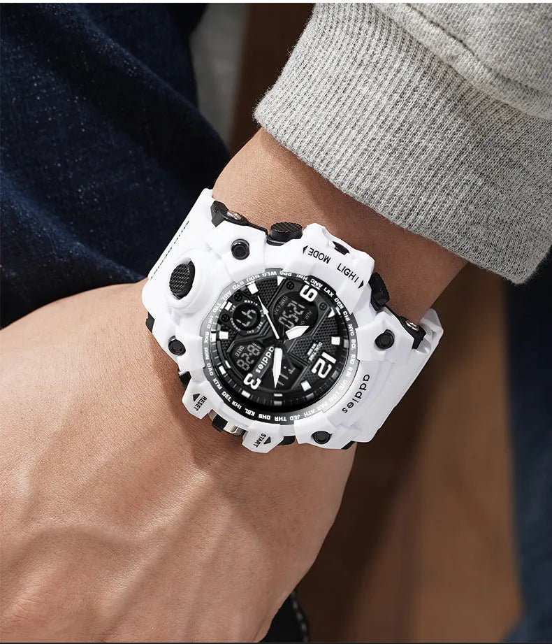 Men's white and black dual display electronic sports watch with plastic strap on wrist