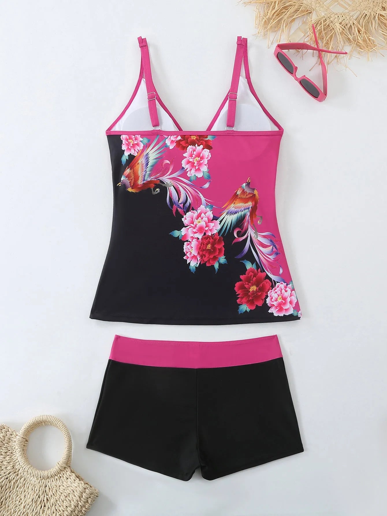 Women's plus size swimsuit set with matching swimming trunks in black or rose red printed design