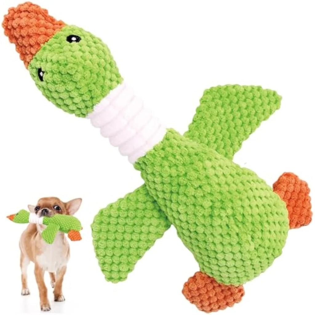 Blue durable plush duck dog toy with two squeakers for chew and fetch play.