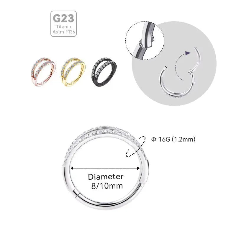 G23 titanium alloy lip ring and nose ring in gold and steel colour on a white background.