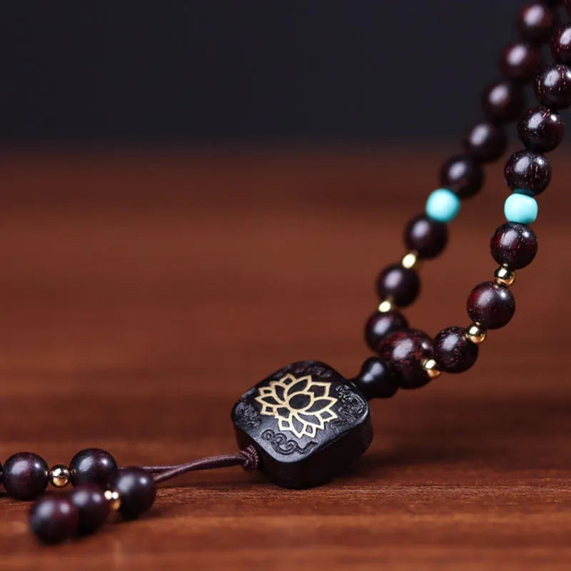 Zambian rosewood Buddha beads bracelet with flat lotus pendant, 108 beads, 0.6 cm size.