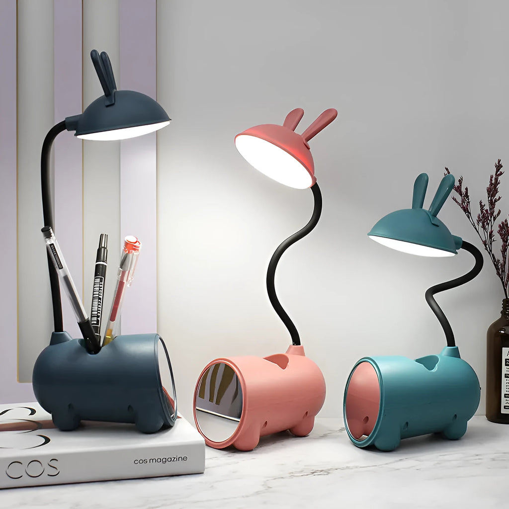 Cartoon USB desk lamp with pen storage compartment in modern design