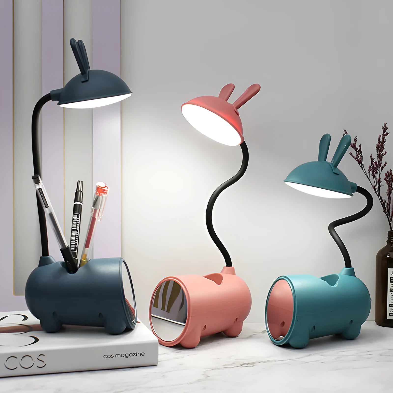 Cartoon USB desk lamp with pen storage compartment in modern design