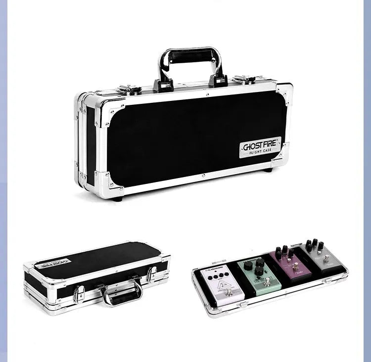 Aviation flight box guitar effect processor unit in T-EC8 trumpet style on a dark surface.