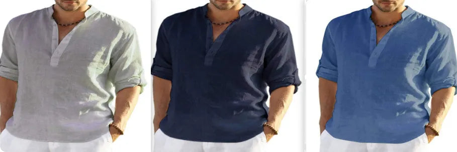 Men's casual cotton linen shirt with stand collar and button-down front in solid colour