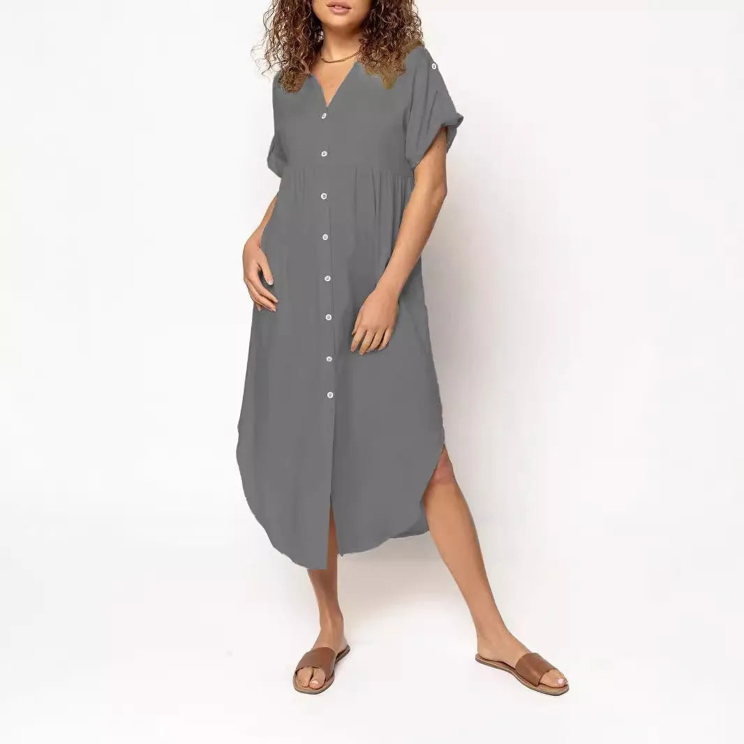 Women's casual button front mid-length dress in solid colour with regular sleeves and loose fit