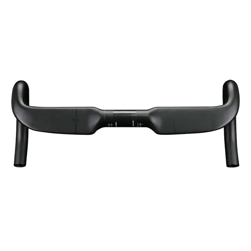Carbon fibre road bike handle bar in black with double line design, shown from above.
