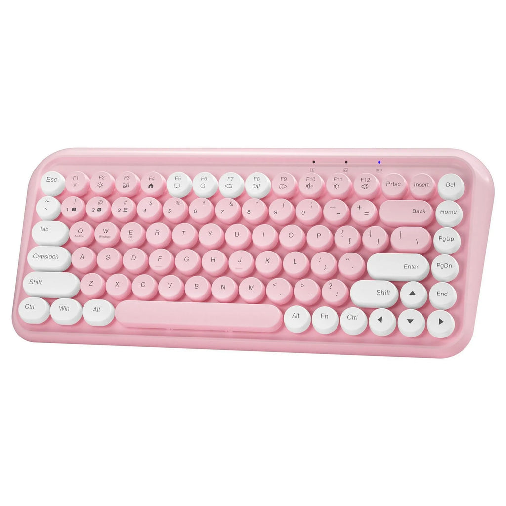Pink wireless Bluetooth keyboard with 84 silent mechanical keys and compact design
