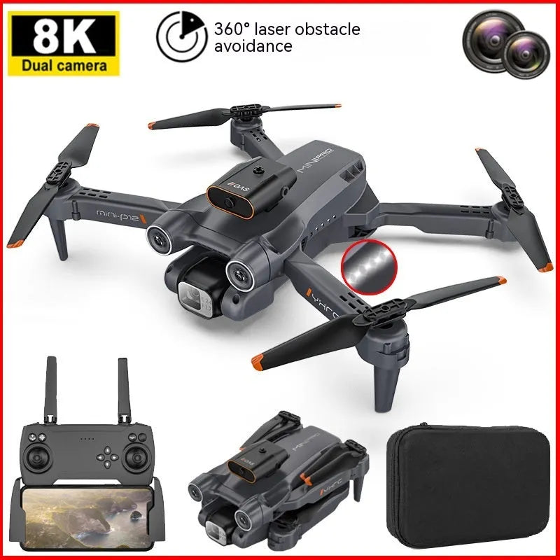 Black foldable quadcopter drone with four propellers and an underside HD camera