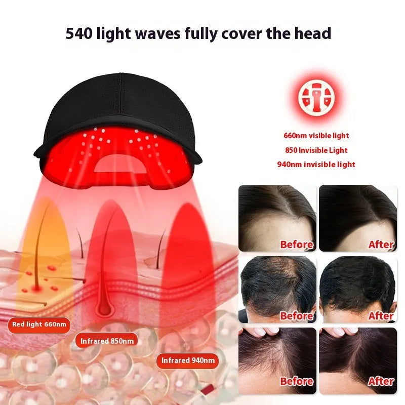 Black infrared peaked cap hair growth device with 180 LED lights and controller for scalp therapy