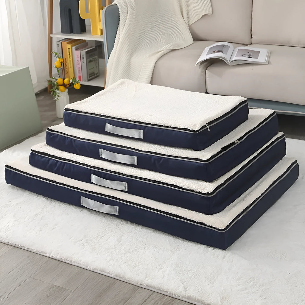 Removable washable sponge dog bed mat in brown, shown in a 90x70cm size.