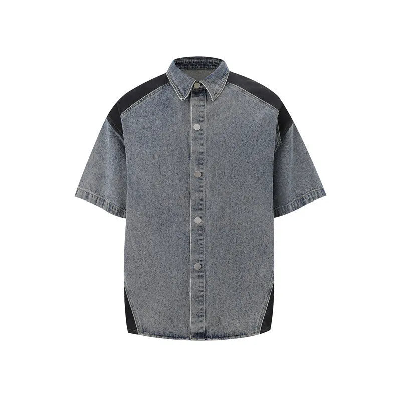 Retro washed blue denim short-sleeved jacket and full-length trousers suit on a model.