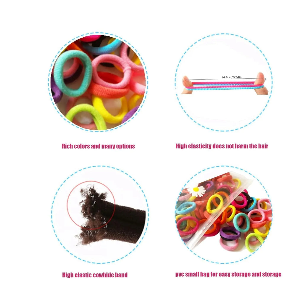 100-piece set of multicolour seamless cotton baby hair ties in small jar packaging
