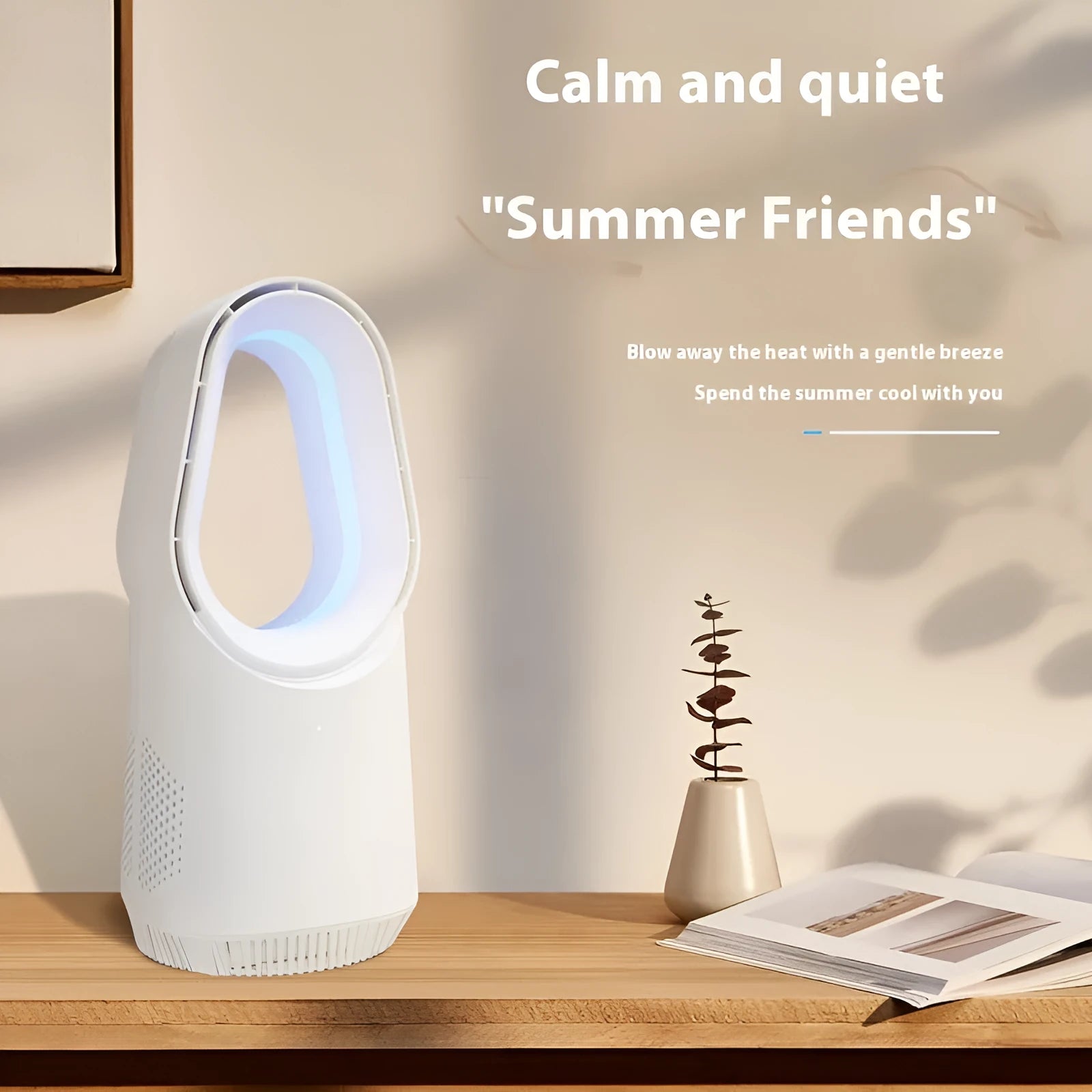 White bladeless tower fan with remote control and touch screen buttons